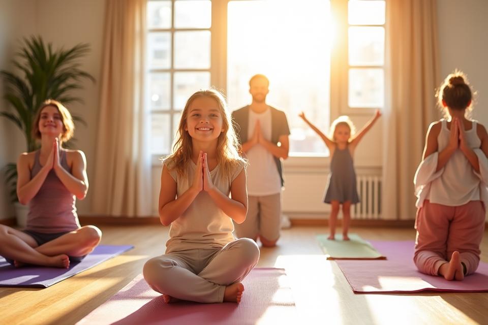 Clase de yoga familiar con niños y padres en Barcelona