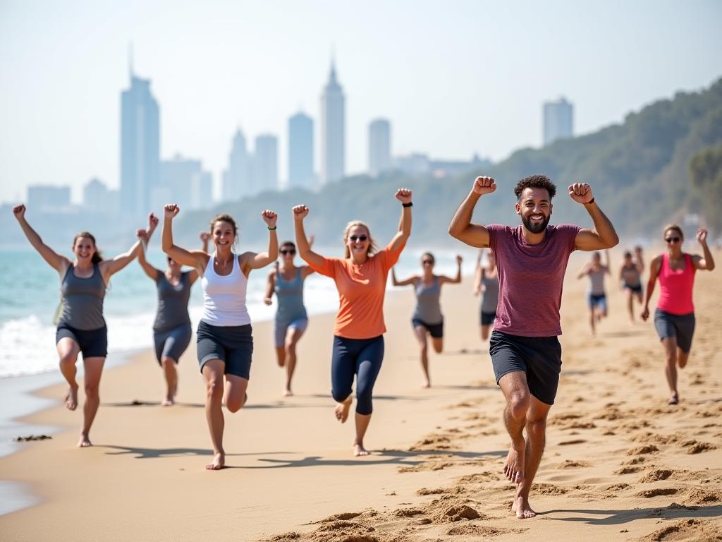 Entrenamiento al aire libre en la playa de Barcelona con grupo fitness
